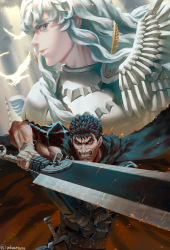 Rule 34 | 2boys, androgynous, armor, bandaged hand, bandages, berserk, bird, black armor, black cape, blue eyes, cape, clenched teeth, commentary, dragonslayer (sword), english commentary, fighting stance, griffith (berserk), guts (berserk), highres, holding, holding sword, holding weapon, huge weapon, long hair, looking at viewer, looking to the side, multiple boys, one-eyed, prosthesis, prosthetic arm, scar, spiked hair, sword, teeth, wavy hair, weapon, white hair, whoareuu