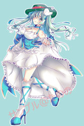 Rule 34 | 1girl, animal, animal on head, bird, bird on head, blue footwear, blush, bow, breasts, cleavage, closed mouth, commentary request, corset, detached sleeves, dress, frilled dress, frilled sleeves, frills, full body, green eyes, green hair, green hat, hair between eyes, hat, hat bow, high heels, kneehighs, leg up, long hair, looking at viewer, medium breasts, official alternate costume, on head, ragnarok online, red bow, simple background, skirt hold, sleeveless, sleeveless dress, smile, socks, solo, tanono, twintails, wanderer (ragnarok online), white dress, white sleeves, white socks, wide sleeves