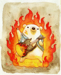 Rule 34 | animal, artist name, bear, brown background, clothed animal, colored pencil (medium), electric guitar, fire, full body, guitar, instrument, no humans, original, painting (medium), solo, st.kuma, standing, traditional media, watercolor (medium)