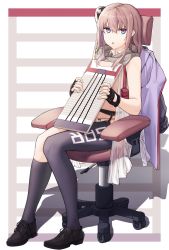 Rule 34 | 1girl, absurdres, asymmetrical legwear, chair, commentary request, covering privates, covering breasts, fingerless gloves, girls&#039; frontline, gloves, hachirodesu, highres, holding, long hair, looking at viewer, office chair, open clothes, panties, pink hair, purple eyes, shadow, side ponytail, sitting, socks, st ar-15 (girls&#039; frontline), swivel chair, thigh strap, thighhighs, underwear, uneven legwear, washboard