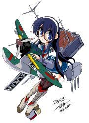 Rule 34 | 10s, 1girl, aircraft, aircraft catapult, airplane, black hair, blue eyes, cannon, dated, glasses, hairband, high heels, hip vent, kantai collection, kieyza, lace, lace-trimmed legwear, lace trim, long hair, ooyodo (kancolle), platform footwear, platform heels, radio antenna, ribbon, school uniform, serafuku, signature, smile, solo, thighhighs, turret, white ribbon