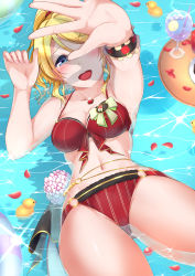 Rule 34 | 1girl, ayase eli, bikini, blush, breasts, cleavage, floating, hand over face, highres, love live!, love live! school idol festival, love live! school idol project, lying, medium breasts, nail polish, navel, on back, parisnoko, petals, rose petals, rubber duck, smile, solo, swimsuit, thighs, tropical drink