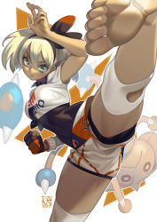 Rule 34 | 1girl, arm up, barefoot, bea (pokemon), black bodysuit, black hairband, bodysuit, bodysuit under clothes, bow hairband, clenched hand, closed mouth, collared shirt, commentary, covered navel, creatures (company), dark-skinned female, dark skin, dated, dynamax band, english commentary, fingernails, game freak, gen 2 pokemon, gloves, grey eyes, grey hair, hair between eyes, hairband, highres, hitmontop, kicking, knee pads, looking at viewer, mixed-language commentary, nintendo, partially fingerless gloves, poch4n, pokemon, pokemon (creature), pokemon swsh, print shirt, print shorts, shirt, short hair, short sleeves, shorts, signature, single glove, solo focus, standing, standing on one leg, t-shirt, tied shirt, v-shaped eyebrows, white background, white shirt, white shorts, wing collar, wristband