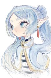 Rule 34 | 1girl, blue eyes, blue hair, capelet, closed mouth, commentary, earrings, frieren, highres, jewelry, long hair, nedoco, pointy ears, simple background, smile, solo, sousou no frieren, thick eyebrows, twintails, upper body, white background, white capelet