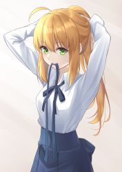 Rule 34 | 1girl, absurdres, adjusting hair, ahoge, artoria pendragon (all), artoria pendragon (fate), blonde hair, blouse, blue ribbon, blue skirt, breasts, fate/stay night, fate (series), green eyes, highres, long hair, long sleeves, mouth hold, ribbon, saber (fate), shirt, sidelocks, skirt, small breasts, solo, tsurupy, upper body, white shirt