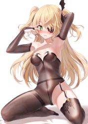 Rule 34 | 1girl, @ @, animal ears, arm behind head, armpits, arms up, bae.c, bare shoulders, blonde hair, blush, bodystocking, bow, bowtie, breasts, bridal gauntlets, brown thighhighs, eyepatch, fischl (genshin impact), garter straps, genshin impact, green eyes, hair ornament, hair over one eye, highres, kneeling, long hair, looking at viewer, nail polish, no shoes, pantyhose, parted lips, simple background, single leg pantyhose, single thighhigh, small breasts, solo, thighband pantyhose, thighhighs, thighs, two side up, white background, wrist cuffs