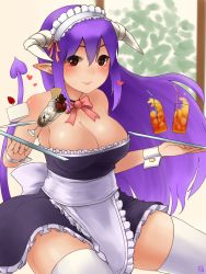 Rule 34 | 1girl, bare shoulders, breasts, cake, cleavage, demon girl, demon tail, drinking straw, food, highres, horns, ice cream, large breasts, original, pointy ears, purple hair, red eyes, sakushin, smile, solo, sundae, tail, thighhighs, tray, white thighhighs, wrist cuffs, zettai ryouiki