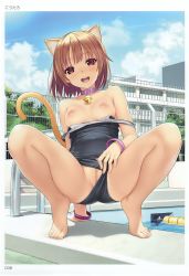 Rule 34 | 1girl, absurdres, animal ears, arm support, ass, barefoot, bell, black one-piece swimsuit, blue sky, blush, border, bracelet, breasts, brown hair, building, cat ears, cat tail, censored, clothes pull, clothing aside, cloud, cloudy sky, collar, day, full body, highres, jewelry, koutaro, looking at viewer, medium breasts, mosaic censoring, neck bell, nipples, one-piece swimsuit, one-piece swimsuit pull, open mouth, outdoors, page number, pool, pool ladder, poolside, purple collar, pussy, red eyes, scan, school swimsuit, short hair, sky, small breasts, smile, solo, spread legs, squatting, strap slip, swimsuit, swimsuit aside, tail, teeth, toes, toranoana, tree, upper teeth only, water
