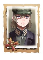 Rule 34 | 1girl, brown hair, camouflage, camouflage headwear, closed mouth, company of heroes, german army, hair between eyes, hat, jacket, military, military hat, military jacket, military uniform, original, portrait, purple eyes, shaded face, short hair, solo, uniform, v-shaped eyebrows, world war ii, zhainan s-jun