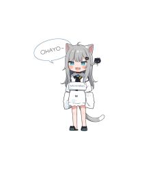 Rule 34 | 1girl, :3, :d, ahoge, amashiro natsuki, animal ear fluff, animal ears, black footwear, blue eyes, blush stickers, cat ears, cat girl, cat tail, character name, chibi, collared shirt, commentary request, fang, grey hair, indie virtual youtuber, long hair, long sleeves, looking at viewer, nachoneko, open mouth, romaji commentary, romaji text, sandals, shirt, sign, sign around neck, simple background, sleeves past fingers, sleeves past wrists, smile, solo, standing, tail, translation request, virtual youtuber, white background, white shirt