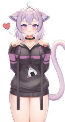 Rule 34 | 1girl, :3, absurdres, ahoge, animal collar, animal ears, black collar, black hoodie, blush, breasts, breasts squeezed together, cat ears, cat girl, cat tail, cleavage, closed mouth, collar, collarbone, commentary request, crossed bangs, drawstring, ears down, hands up, heart, highres, hololive, hood, hoodie, large breasts, legs together, long sleeves, looking at viewer, medium hair, neko lu (wofud453), nekomata okayu, nekomata okayu (1st costume), no pants, onigiri print, purple eyes, purple hair, shiny skin, sidelocks, simple background, smile, solo, standing, tail, thighs, virtual youtuber, white background