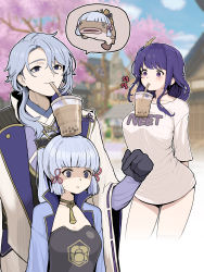 Rule 34 | 1boy, 2girls, absurdres, anger vein, angry, arms behind back, ayaka (genshin impact), blue eyes, blue hair, blunt bangs, blurry, blurry background, breasts, brother and sister, bubble tea challenge, chroong, commentary, cup on head, drinking, drinking straw, english commentary, frown, genshin impact, hair between eyes, hair ornament, highres, japanese clothes, kamisato ayato, large breasts, long hair, medium breasts, mole, mole under eye, mole under mouth, multiple girls, neet, ponytail, purple eyes, purple hair, raiden shogun, shaded face, siblings, smile, veins