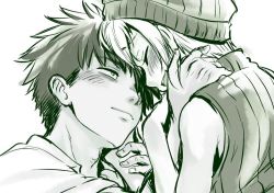 1boy, 1girl, adam&#039;s apple, bangs, beanie, black hair, blush, closed mouth, couple, eyebrows, eyebrows visible through hair, eyes closed, hand on another&#039;s head, happy, hat, headwear, kurokoshi you, looking at another, monochrome background, open mouth, original, shirt, shoulders, sidelocks, sketch, sleeveless, sleeveless shirt, sleeveless sweater, smile, smudge, spiked hair, white background, white hair