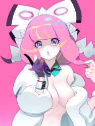Rule 34 | 1girl, bare shoulders, blonde hair, blue eyes, bow, breasts, coat, creatures (company), detached collar, eyeshadow, fur jacket, game freak, gloves, holding, holding hair, index finger raised, jacket, klara (pokemon), long sleeves, looking at viewer, makeup, medium breasts, mole, mole under mouth, multicolored hair, naked jacket, nintendo, o3o, off shoulder, partially fingerless gloves, pd (pdpdlv1), pink background, pink eyeshadow, pink hair, pink lips, pokemon, pokemon swsh, purple eyes, purple gloves, ruffling hair, simple background, single glove, streaked hair, upper body, white bow, white coat, white jacket