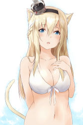 Rule 34 | 10s, 1girl, :o, absurdres, animal ears, arm behind back, bare arms, bare shoulders, bikini, bikini top only, black hairband, blonde hair, blue eyes, blush, braid, breasts, cat ears, cat tail, collarbone, crown, eyelashes, fang, french braid, front-tie bikini top, front-tie top, gradient background, hair between eyes, hairband, hand on own chest, highres, kantai collection, kemonomimi mode, long hair, looking at viewer, medium breasts, navel, open mouth, ribbon, saku (kudrove), shiny skin, solo, stomach, swimsuit, tail, upper body, warspite (kancolle), white bikini, white ribbon