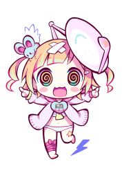 Rule 34 | 1girl, :3, @ @, bandaid, bandaid on head, barefoot, blue panties, blush stickers, cardigan, chibi, colored tips, commentary request, cropped shirt, crossed bandaids, full body, green hair, highres, index fingers raised, leg ribbon, lightning bolt symbol, long sleeves, looking at viewer, mamimu (ma-mi-mu.me), medium hair, midriff, mouse on head, multicolored hair, neckerchief, no pants, open cardigan, open clothes, open mouth, orange hair, original, outstretched arms, panties, pink cardigan, pink sailor collar, ribbon, ringlets, sailor collar, shirt, smile, solo, spread arms, standing, standing on one leg, star sticker, sticker on leg, straight-on, striped clothes, striped panties, tamagotchi, transparent background, two side up, underwear, white shirt, yellow eyes, yellow neckerchief