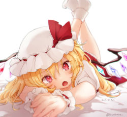 Rule 34 | 1girl, blonde hair, blurry, blush, depth of field, fang, flandre scarlet, foreshortening, hat, hat ribbon, head tilt, highres, honotai, long hair, looking at viewer, lying, mob cap, on stomach, open mouth, red eyes, red ribbon, red skirt, ribbon, shirt, short sleeves, simple background, skin fang, skirt, socks, solo, touhou, twitter username, white background, white hat, white shirt, white socks, wings, wrist cuffs