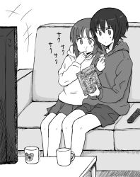 Rule 34 | +++, 2girls, :t, animal print, bear print, boko (girls und panzer), box, casual, closed mouth, coffee mug, commentary, controller, couch, cup, eating, food, girls und panzer, holding, holding box, holding food, hood, hood down, hoodie, indoors, light frown, long sleeves, miniskirt, mug, multiple girls, mutsu (layergreen), nishizumi maho, nishizumi miho, on couch, pleated skirt, remote control, short hair, shorts, side-by-side, skirt, sweatdrop, television, watching television