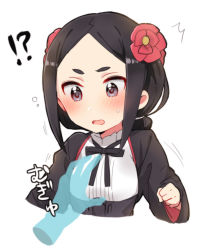Rule 34 | !?, 1girl, ^^^, bad id, bad pixiv id, black hair, black ribbon, blue eyes, blush, grabbing another&#039;s breast, cropped torso, disembodied limb, flower, grabbing, hair flower, hair ornament, long sleeves, motion lines, neck ribbon, open mouth, parted bangs, parted lips, princess principal, ribbon, school uniform, shirt, solo, solo focus, sorimachi-doufu, sweatdrop, toudou chise, upper body, white background, white shirt