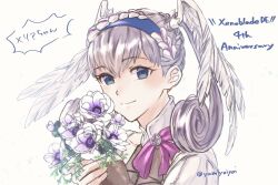 Rule 34 | blue eyes, braid, crown braid, flower, grey hair, head wings, highres, holding, holding flower, looking at viewer, melia antiqua, smile, wings, xenoblade chronicles: future connected, xenoblade chronicles (series), xenoblade chronicles 1, yumiyoiyoi