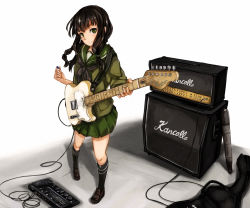 Rule 34 | 10s, 1girl, amplifier, black hair, blush, braid, brand name imitation, cable, copyright name, effects pedal, electric guitar, fender telecaster, full body, green eyes, guitar, guitar case, highres, holding guitar, holding instrument, instrument, instrument case, kantai collection, kitakami (kancolle), long hair, looking at viewer, maki (maki pei), maki pei, marshall, plectrum, school uniform, simple background, single braid, smile, solo, standing, torpedo, white background