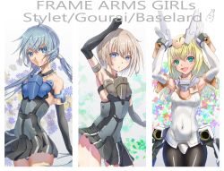 Rule 34 | 3girls, arm above head, black gloves, blonde hair, blue eyes, blue hair, blush, bodysuit, breasts, brown hair, cleavage, covered erect nipples, elbow gloves, frame arms girl, gloves, gluteal fold, green eyes, highres, letterboxed, long hair, looking at viewer, low twintails, mecha musume, medium breasts, misenouchi, multiple girls, open mouth, panties, pantyhose, pantyshot, rabbit pose, short hair, smile, standing, thighs, twintails, underwear
