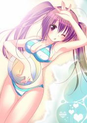 Rule 34 | 1girl, ;o, armpits, bad id, bad pixiv id, ball, beach, beachball, bikini, breasts, brown hair, cleavage, gradient hair, haruta (806060), heart, long hair, looking at viewer, lying, multicolored hair, navel, one eye closed, original, pink eyes, shiny skin, skindentation, solo, striped bikini, striped clothes, swimsuit, thigh gap, twintails, two-tone hair, very long hair, water, wince, wink
