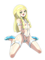Rule 34 | 1girl, absurdres, arms behind back, bdsm, blonde hair, blue footwear, blue panties, blush, bondage, bound, braid, breasts, collar, creatures (company), game freak, green eyes, harness, high heels, highres, latex, lillie (pokemon), lips, long hair, nintendo, no nipples, panties, pokemon, pokemon sm, restrained, shiny clothes, shiny skin, shoukin500, slave, small breasts, smile, thick thighs, thighs, thong, tongue, underwear