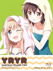 Rule 34 | 2girls, :o, ;d, after bathing, blonde hair, blu-ray cover, blue eyes, blush, brown eyes, brown hair, collarbone, cover, drying, drying hair, eye contact, eyelashes, funami yui, hand on own head, hands on another&#039;s head, highres, long hair, looking at another, looking up, multiple girls, namori, one eye closed, open mouth, polka dot, sanpaku, short hair, smile, tank top, tareme, toshinou kyouko, towel, towel on head, water drop, yuru yuri
