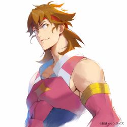 Rule 34 | 1boy, brown hair, commentary request, elbow gloves, gloves, gundam, gundam build divers, gundam build divers re:rise, headband, highres, kazami (gundam build divers re:rise), light smile, long hair, male focus, matsuo shogo, mullet, muscular, portrait, red headband, sleeveless, solo, torimachi kazami, upper body, white background, yellow eyes