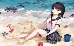 Rule 34 | .l.l, 1girl, absurdres, bad id, bad pixiv id, barefoot, beach, black hair, black sailor collar, blush, breasts, bucket, closed mouth, collarbone, day, eyebrows hidden by hair, grey skirt, hair ornament, hairclip, highres, knee up, looking at viewer, neckerchief, on ground, original, outdoors, plaid, plaid skirt, pleated skirt, purple eyes, red neckerchief, revision, sailor collar, sand, sand castle, sand sculpture, school uniform, serafuku, short sleeves, sitting, skirt, small breasts, smile, solo, starfish, trowel, water, waves