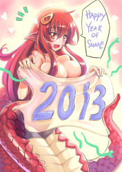 Rule 34 | 10s, 1girl, 2013, chinese zodiac, fangs, hair ornament, heart, highres, hm (hmongt), lamia, miia (monster musume), monster girl, monster musume no iru nichijou, new year, nude, pointy ears, red hair, snake, snake (chinese zodiac), solo