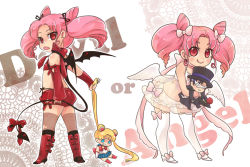 Rule 34 | 1990s (style), 2girls, :p, angel and devil, angel wings, bad id, bad pixiv id, bat wings, bishoujo senshi sailor moon, black hair, blonde hair, blue eyes, blue sailor collar, boots, bow, character doll, chiba mamoru, chibi, chibi usa, child, clenched teeth, cone hair bun, devil and angel, double bun, dual persona, flower, full body, hair bun, hair ribbon, hug, knee boots, long hair, looking back, magical girl, mask, midriff, multiple girls, nightcat, pink hair, pleated skirt, red bow, red eyes, red flower, red rose, retro artstyle, ribbon, rose, sailor collar, sailor moon, see-through, short hair, short shorts, shorts, skirt, teeth, thighhighs, thighhighs under boots, tiara, tongue, tongue out, tsukino usagi, tuxedo kamen, twintails, white legwear, wings