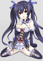 Rule 34 | 10s, 1girl, absurdres, black hair, blush, breasts, cleavage, highres, long hair, neptune (series), noire (neptunia), open mouth, ramu-on@ shinon, red eyes, simple background, solo, twintails