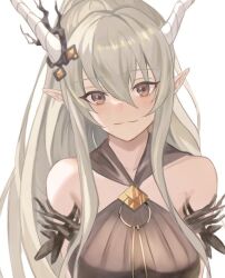 Rule 34 | arknights, bare shoulders, breasts, brown dress, brown eyes, closed mouth, commentary request, dress, grey hair, hair between eyes, horns, large breasts, looking at viewer, pointy ears, ponytail, shining (arknights), simple background, smile, touchika, upper body, white background