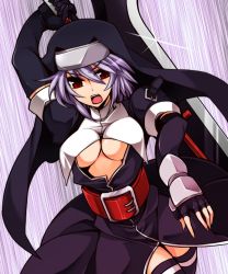 Rule 34 | 1girl, belt, black gloves, black thighhighs, blade, breasts, elbow gloves, fingerless gloves, gloves, headdress, light purple hair, looking at viewer, m.u.g.e.n, nun, nyal lathotep, open mouth, puchi-pochi, red eyes, solo, thighhighs, underboob