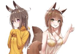 Rule 34 | 2girls, :d, ahoge, animal ear fluff, animal ears, bikini, bikini under clothes, blush, brown hair, closed mouth, collarbone, commentary request, drawstring, frills, grin, hair ornament, hairclip, hands on own chest, heart, heart-shaped pupils, highres, hood, hoodie, long hair, long sleeves, looking at viewer, multiple girls, open mouth, original, purple eyes, see-through, sidelocks, simple background, sleeves past fingers, sleeves past wrists, smile, swimsuit, symbol-shaped pupils, tail, teeth, thumbs up, two side up, upper body, v-shaped eyebrows, wet.elephant, white background, yellow bikini, yellow eyes, yellow hoodie