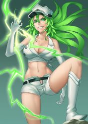 Rule 34 | 1girl, bare shoulders, bleach, boots, breasts, candice catnipp, cleavage, collarbone, electricity, gloves, green eyes, green hair, grin, hair between eyes, hat, highres, large breasts, long hair, matching hair/eyes, midriff, navel, peaked cap, revealing clothes, sakuya (liao kj), shirt, short shorts, shorts, sleeveless, sleeveless shirt, smile, solo, white footwear, white gloves, white hat, white shirt, white shorts