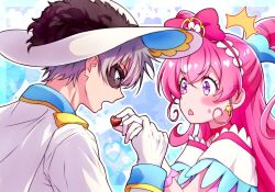Rule 34 | 1boy, 1girl, black pepper (precure), blue eyes, blush, bow, candy, cape, chocolate, chocolate heart, choker, cone hair bun, couple, cure precious, delicious party precure, food, gloves, grey hair, hair bow, hair bun, hairband, hat, heart, hetero, holding hands, jacket, kyoutsuugengo, long hair, long sleeves, looking at another, magical girl, nagomi yui, pink hair, precure, purple eyes, red bow, red choker, red hairband, shinada takumi, short hair, sweatdrop, triangle mouth, upper body, white cape, white gloves, white headwear, white jacket
