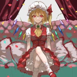Rule 34 | 1girl, ascot, blonde hair, breasts, closed mouth, collared shirt, commentary request, confetti, couch, crossed legs, curtains, dress, flandre scarlet, frills, gem, green gemstone, hair between eyes, hat, hat ribbon, highres, jewelry, looking at viewer, medium breasts, mob cap, nanasuou, one side up, pillow, puffy short sleeves, puffy sleeves, red dress, red eyes, red footwear, red ribbon, ribbon, shirt, shoes, short sleeves, simple background, sitting, smile, socks, solo, touhou, white background, white hat, white shirt, white socks, yellow ascot