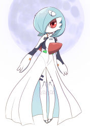 Rule 34 | 1girl, alternate color, ayanami rei, ayanami rei (cosplay), blue hair, bodysuit, closed mouth, clothed pokemon, colored skin, commentary, cosplay, creatures (company), expressionless, full body, full moon, game freak, gardevoir, gen 3 pokemon, hair over one eye, interface headset, looking at viewer, moon, neon genesis evangelion, nintendo, plugsuit, pokedex number, pokemon, red eyes, shiny pokemon, simple background, solo, standing, tatsunokosso, white background, white bodysuit, white skin