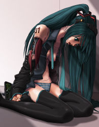 Rule 34 | 1girl, android, aqua eyes, aqua hair, bad id, bad pixiv id, breasts, broken, detached sleeves, hatsune miku, joints, long hair, mechanical parts, necktie, nipples, open clothes, open mouth, open shirt, panties, robot joints, shirt, sitting, small breasts, solo, striped clothes, striped panties, sukabu, thighhighs, tongue, twintails, underwear, very long hair, vocaloid
