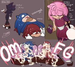 Rule 34 | 1girl, 3boys, absurdres, aftersex, air shoes, ass, bukkake, couch, cum, furry, furry female, furry male, furry with furry, highres, knuckles the echidna, multiple boys, on couch, pink hair, shadow the hedgehog, sitting, sonic (series), sonic the hedgehog, tears, toned, toned male, toodamncycle, yaoi
