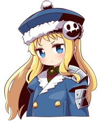 Rule 34 | 1girl, blonde hair, blue eyes, blue hat, blue jacket, blush, closed mouth, collared shirt, commentary request, etrian odyssey, fur-trimmed headwear, fur-trimmed jacket, fur trim, green shirt, gunner 2 (sekaiju), hat, highres, jack frost (megami tensei), jacket, juliet sleeves, long hair, long sleeves, looking at viewer, naga u, puffy sleeves, sekaiju no meikyuu, sekaiju no meikyuu 2, shirt, simple background, solo, upper body, v-shaped eyebrows, very long hair, white background