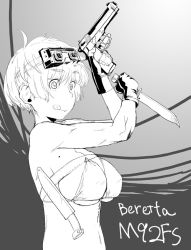Rule 34 | 1girl, :p, airsoft gun, artist request, beretta 92, beretta m92fs (weapon), breasts, character request, close quarters combat, gloves, goggles, greyscale, gun, handgun, holding, holding gun, holding weapon, knife, large breasts, monochrome, pistol, reverse grip, sheath, short hair, simple background, solo, source request, toned, tongue, tongue out, trigger discipline, weapon