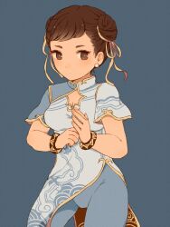Rule 34 | 1girl, alternate costume, blue background, blue pantyhose, bracelet, breasts, brown eyes, brown hair, capcom, china dress, chinese clothes, chun-li, cleavage cutout, clenched hand, clothing cutout, collared dress, commentary request, double bun, dress, earrings, expressionless, eyelashes, eyeshadow, fingernails, hair bun, hair ribbon, highres, ichigo (ichigoxxusagi), jewelry, large breasts, light blush, makeup, pantyhose, red dress, red eyeshadow, ribbon, short hair, short sleeves, side slit, solo, sphere earrings, street fighter, street fighter 6, two-sided dress, two-sided fabric, white dress, yellow ribbon, yellow trim