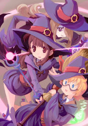 Rule 34 | 10s, 3girls, blue eyes, boots, bottle, broom, brown eyes, brown hair, clothes lift, freckles, glasses, hat, kagari atsuko, little witch academia, long hair, lotte jansson, multiple girls, orange hair, purple eyes, rudorufu, short hair, skirt, skirt lift, sucy manbavaran, wand, wide sleeves, witch, witch hat
