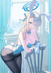 Rule 34 | 1girl, absurdres, animal ears, asuna (blue archive), asuna (bunny) (blue archive), black pantyhose, blonde hair, blue archive, blue halo, blue ribbon, blurry, blurry background, breasts, chair, cleavage, curtains, eyes visible through hair, fake animal ears, fake tail, gloves, goeleu, hair over one eye, hair ribbon, halo, highres, indoors, large breasts, leotard, long hair, looking at viewer, mole, mole on breast, official alternate costume, pantyhose, playboy bunny, rabbit ears, rabbit tail, ribbon, smile, solo, tail, white gloves, window