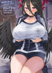 Rule 34 | 1girl, :o, black choker, black hair, black wings, blue archive, blue jacket, blue shorts, blush, breasts, choker, commentary request, feathered wings, gym storeroom, gym uniform, hair between eyes, halo, hasumi (blue archive), hasumi (track) (blue archive), heart, highres, huge breasts, indoors, jacket, long hair, long sleeves, looking at viewer, low wings, mizuta kenji, mole, mole under eye, open mouth, red eyes, shirt, short shorts, shorts, signature, sitting, solo, speech bubble, thighs, translation request, twitter username, very long hair, wings