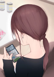 Rule 34 | 1girl, black shirt, blurry, blurry background, brown hair, can, cellphone, commentary request, depth of field, earrings, facing away, highres, holding, holding phone, indoors, jewelry, kanju, long hair, long sleeves, mole, mole on neck, nape, neck, original, phone, ponytail, shirt, sitting, sleeves past wrists, solo, table, upper body